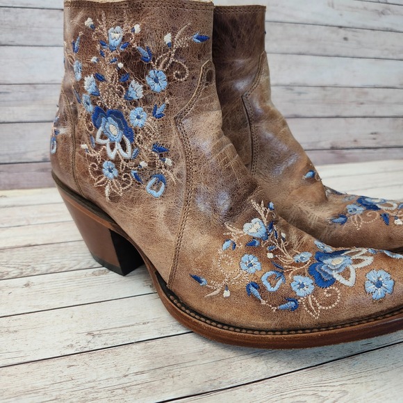 Shyanne TILLIE Floral Embroidered Brown Leather Zip Western Booties Size 7.5 - Picture 9 of 16